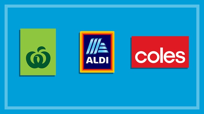 coles woolworths and aldi home brand logos on teal